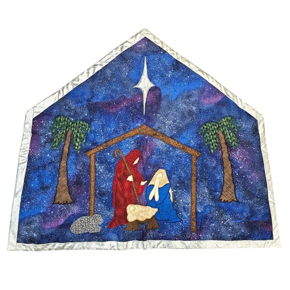 Vintage Handmade Nativity Scene Christmas Quilted Tapestry 21x25 Silver Trim - Picture 11 of 11